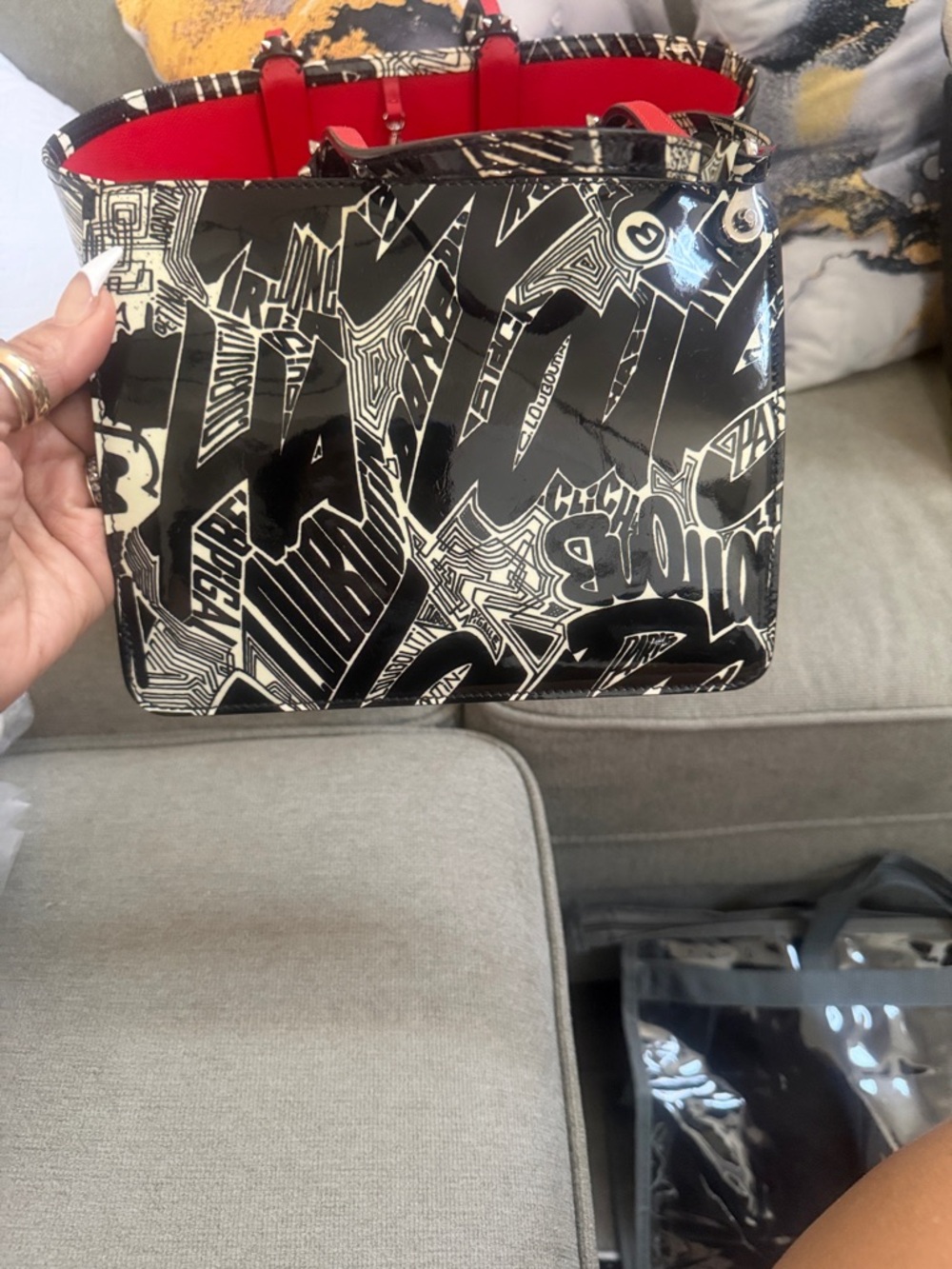 Christian Louboutin Black & White Graffiti Patent Tote with Red Trim. - Picture 3 of 6